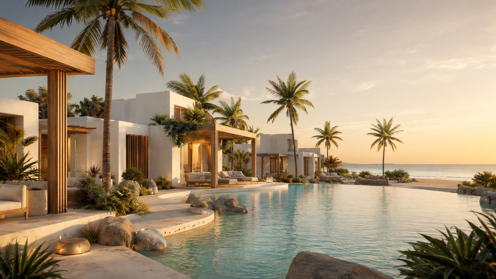 Hồ lagoon và các biệt thự Maison Bay lúc chiều